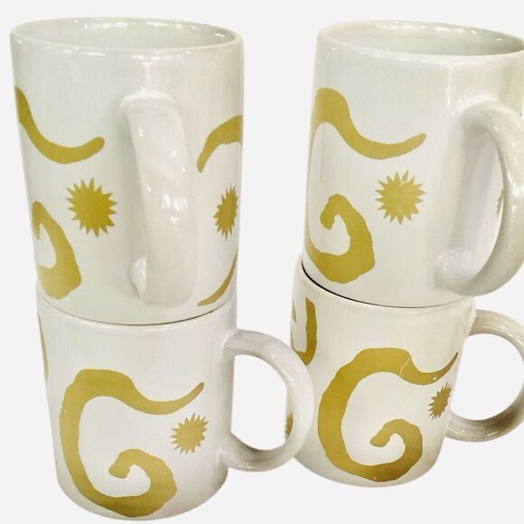 Oscar de la Renta Retired Ceramic Coffee Mugs White Gold Swirl Cups Set Of 4 - Picture 4 of 8